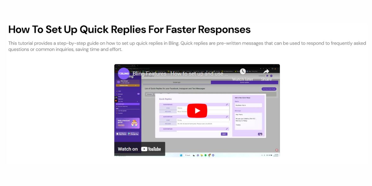 Bling Setup Quick Replies Reduce Response Time